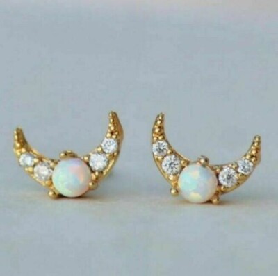 1Ct Round Cut Lab-Created Fire Opal Moon Stud Earring 14K Yellow Gold Finish