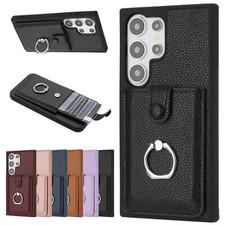 Fr Samsung Galaxy S25 Ultra S24 S23 S22 Leather Card Slot Wallet Case Ring Stand