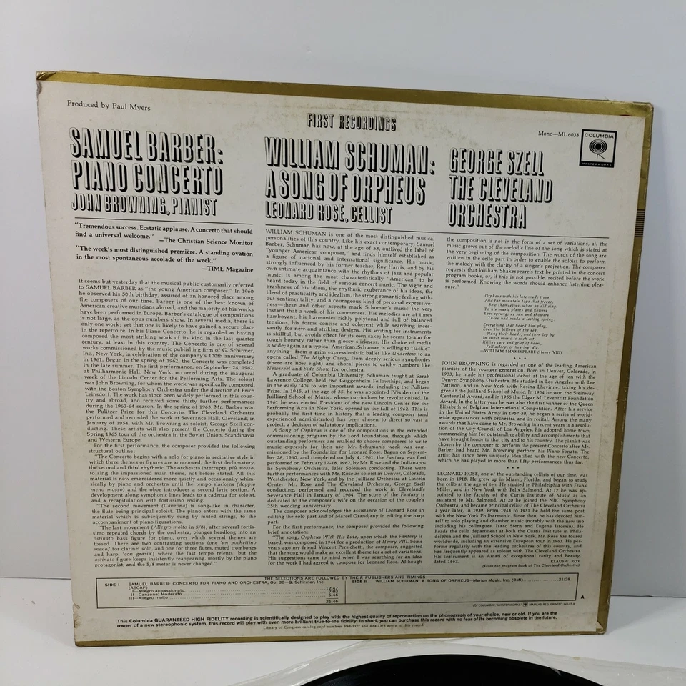 Samuel Barber Piano Concerto William Schuman A Song Of Orpheus Columbia Mono VG+ - Image 3 of 4