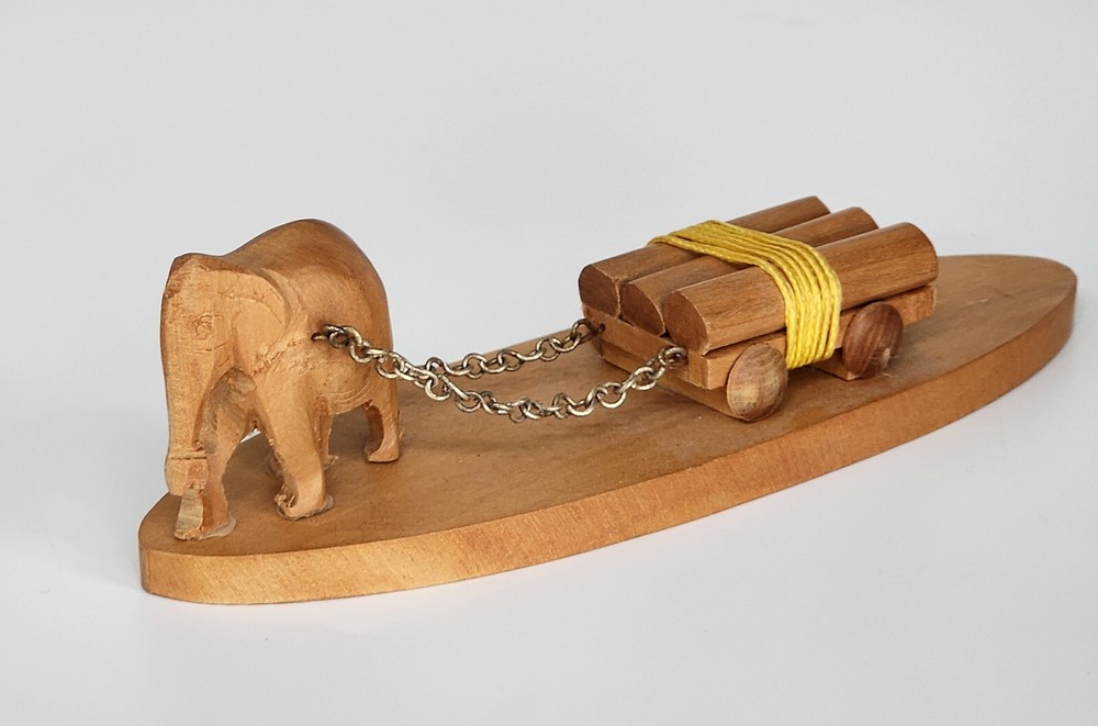 Wood Handcarved Elephant Figurine Pulling Logs Decor Made In India Small Vintage