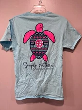 Simply Southern Womens "Save Them Turtles" Medium T-Shirt  Aqua Pink Turtle Grap