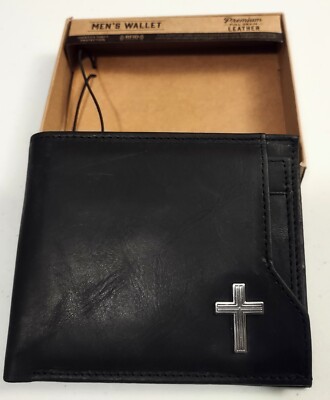 Men's Christian Silver Cross RFID Black REAL Leather Bifold Wallet