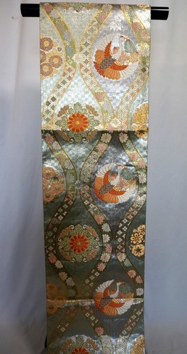 Japanischer Kimono, SEIDE Fukuro OBI, Rokutu, "Mythischer Vogel" Folie, schwarz, L14',..4275 - Bild 4 von 16