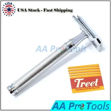 Long Handled Double Edge Safety Razor, Straight Cut, Chrome With Blades Bts-320