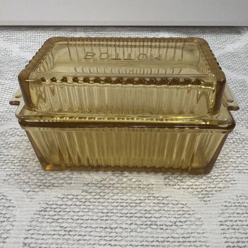 Vintage- Federal Glass Amber Ribbed Depression Refrigerator Dish & Lid Rectangle