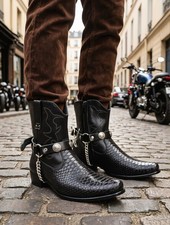 NEW Men Biker Chain Black Faux Leather Bands Boots Straps Native American Charms