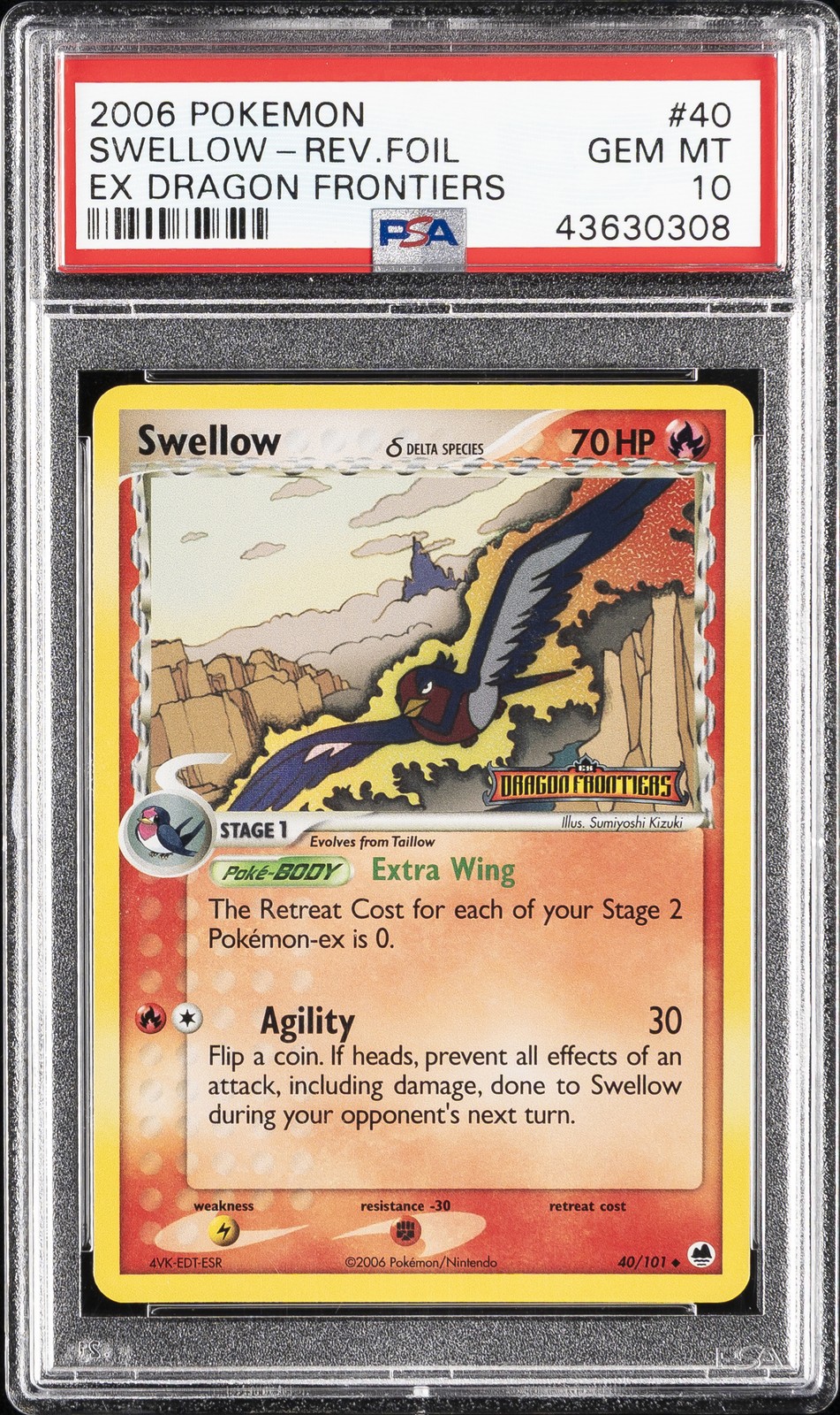 2006 POKEMON EX DRAGON FRONTIERS #40 SWELLOW-REVERSE FOIL PSA 10