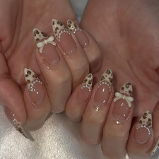 French Leopard Print Press on Nails Medium Almond Fake Nails French Tip Nail Pre