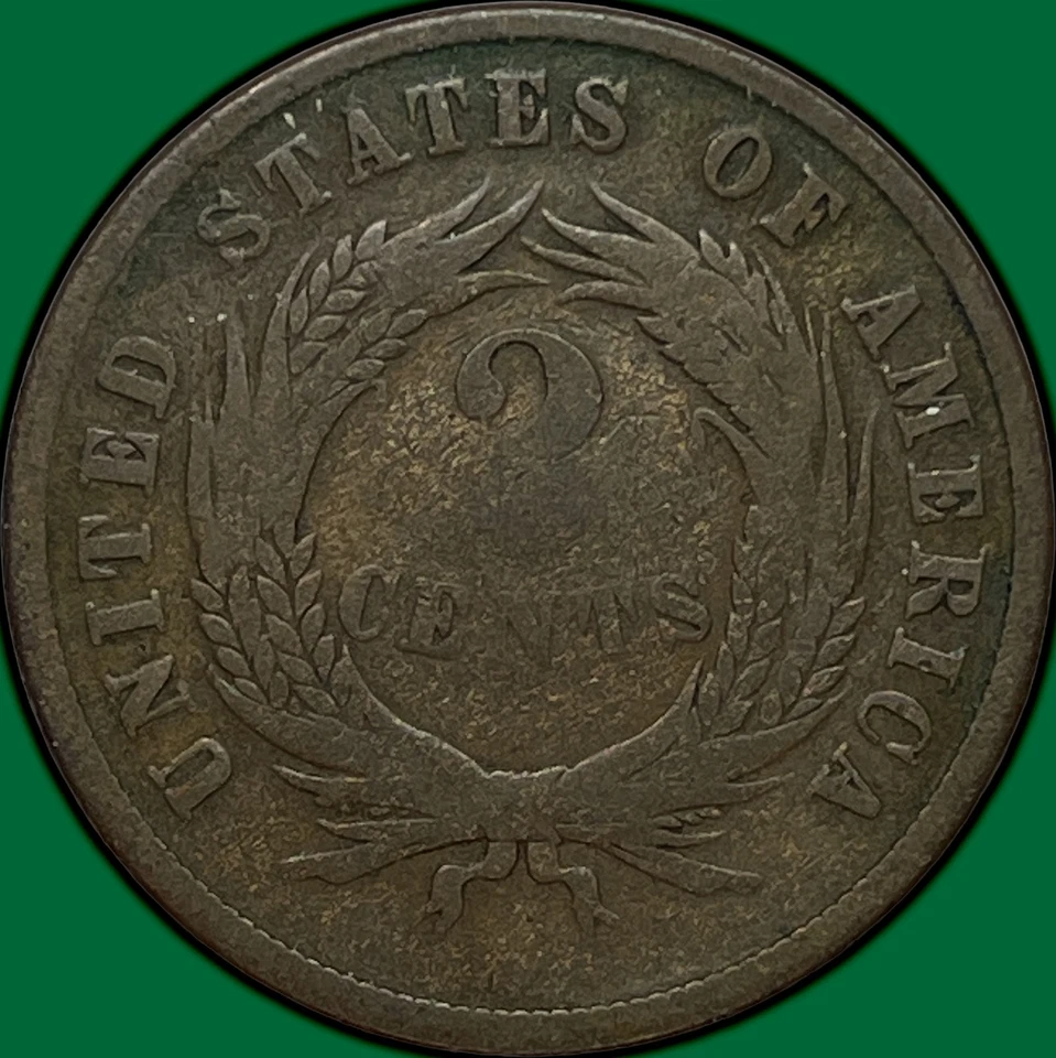1867 DDO Double Die Obverse Two Cent Piece Fine F Coin #28579 - Image 2 of 3