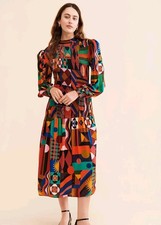 Farm Rio Geometrical Smocked Midi Dress Puff Slevees Boho Chic Maximalist