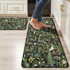 Botanical Kitchen Rug Set, 2-Piece, Anti-Fatigue, Waterproof, Black Green