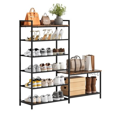 6Tier Industrial Shoe & Boot Rack Bench with Seat  Entryway Organizer, Brown