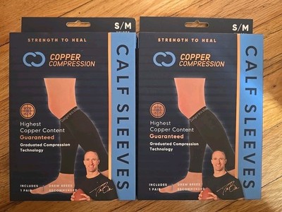 New (2) Pairs of Copper Compression Calf Sleeves Size Small/Med;Unisex 12''-15'' 