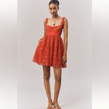 NWT Anthropologie Ruffle-Strap Corset Lace Mini Dress Lipstick Red Sz Small