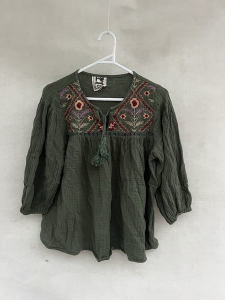 💥 JAASE embroidered Floral BLOUSE SHIRT TEE TOP Green S 10