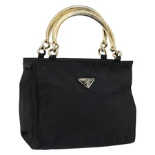 PRADA Hand Bag Nylon Black Gold Auth yk19626