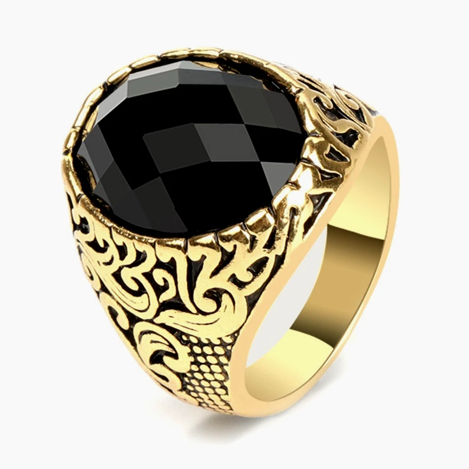 Мужское смелое винтажное кольцо с ониксом позолота серебро покрытие готический стиль модный подарок - Изображение 4 из 4