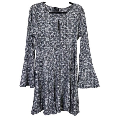Vintage Y2K Bell Sleeve Black and White Paisley Dress Mini Large Fit Flare Boho