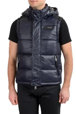 Plein Sport Men's Navy Blue Hooded Logo Print Zip Up Sleeveless Jacket Vest