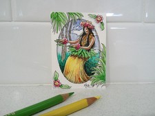 "Hawaii Hula Dancer" ACEO mixed media 2.5"x3.5" collector card.
