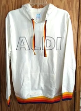Aldi Gear White Hoodie Hooded Sweatshirt Mens Small Aldi Foods front pocket New