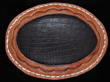 PB11101 NOS VINTAGE 1970s  HAND TOOLED LEATHER W/ EXOTIC SKIN INSERT  BUCKLE