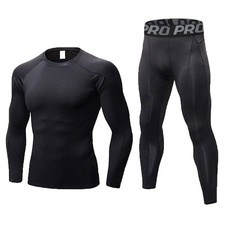 Mens Workout Compression Set Pants and Long Sleeve Shirts Winter Warm Thermal...