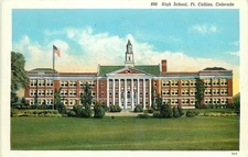 1940s Ft.. Collins Colorado High School occupation flag Sanborn Postcard 25-9958
