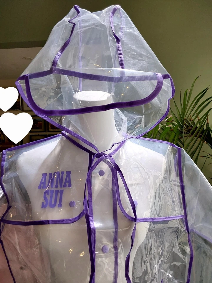 Anna Sui Women's Clear Designer Logo Hooded With Brim Raincoat Jacket Poncho S M - Image 4 of 4