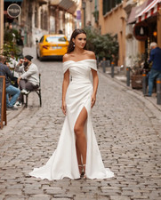 Elegant Off The Shoulder Soft Satin Mermaid formal Wedding Dress with Slit