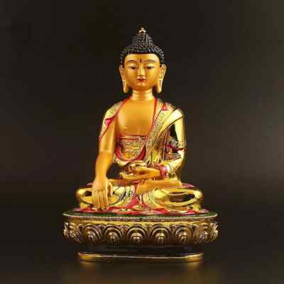 21cm Gold Plating Colored Tibetan Tranic Three Treasured Shakyamuni Buddha Statu