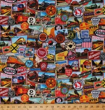 Cotton Railroads Trains Steam Engines Multicolor Fabric Print by Yard D368.41