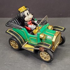 Walt Disney Mickey Mouse Masudaya 1981 Green Pull Lever Car Tested Works Great