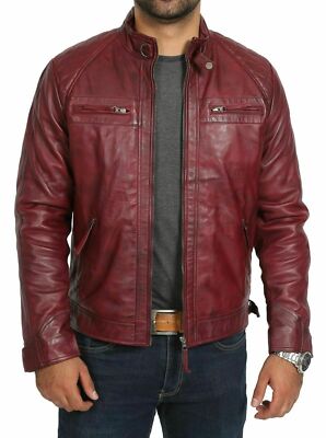 Men Vintage Red Real Leather Jacket 100% Genuine Lambskin Distressed Biker  Coat