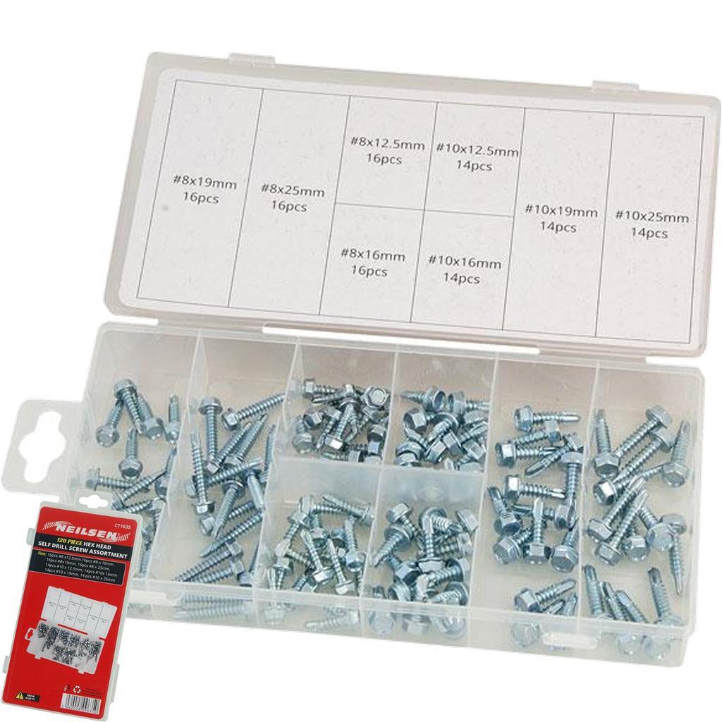 120pc Assorted DIY Workshop Hardware Storage Self Drilling Hex Screw Set CT1635
