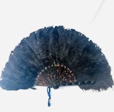Vintage Black Victorian Ostrich Feather  Faux Tortoise Fan with Tassel