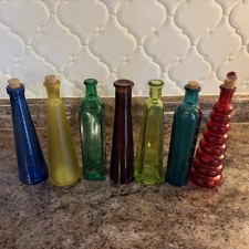 Vintage Lot Of 7 Colorful Decorative Mini Glass Bottles w/ Cork Stoppers 7   Tall