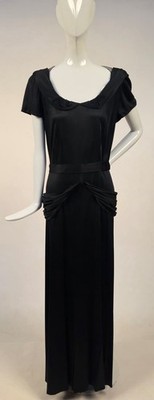 MOST ELEGANT 1940 S LONG BLACK DRESS W DRAPED HIP + ALLURING SHEER NET OPEN BACK