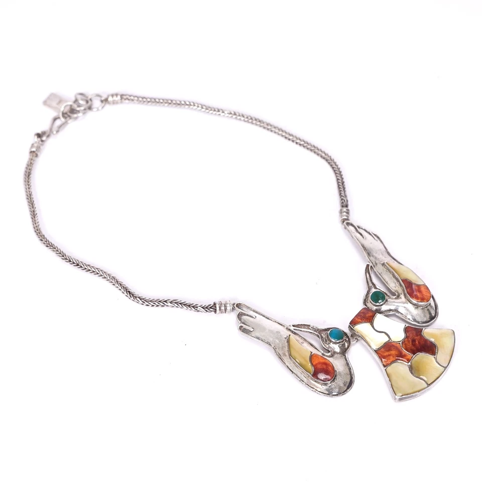 Vintage Enamel Shell Gem Stone Inlay Multicolor Birds Sterling Silver Necklace - Image 4 of 4