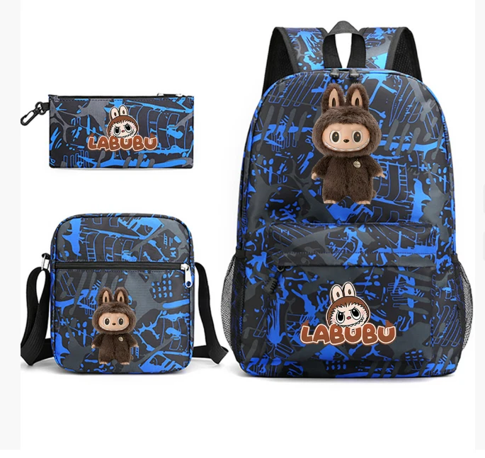 LABUBU 3-Piece Backpack Set, Blue - School Backpack, Shoulder Bag, Pencil Case