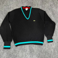 Vintage IZOD Lacoste V-Neck Sweater Mens Black Blue Trim Made In USA 90s Size M