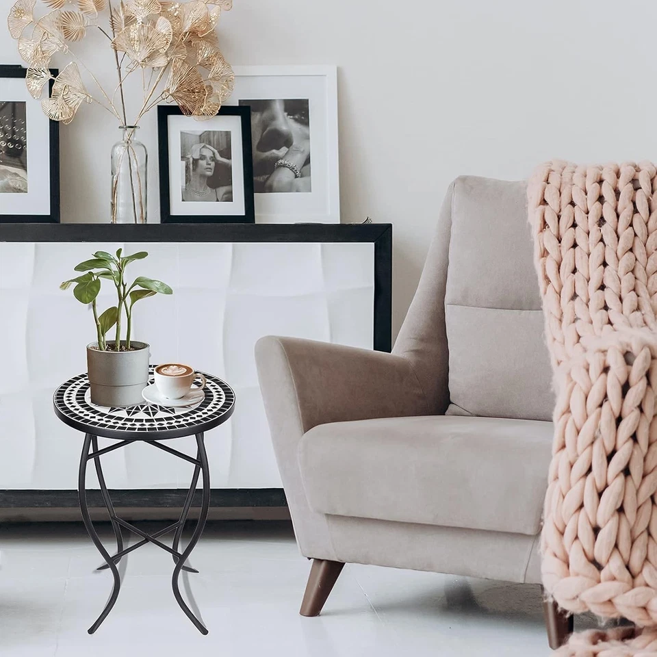 Mesa auxiliar de patio de mosaico mesa de acento al aire libre mesa de centro de bistró soporte para plantas Ind Foto 4 de 4