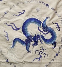 Superb Antique Linen Silk Lined Embroidery Wall Hanging 5 Blue Chinese Dragons