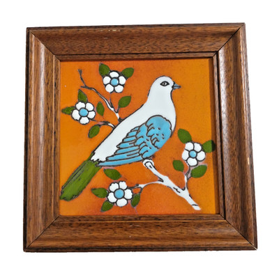 Vintage MCM Ceramic Framed Dove / Bird w/ Flowers 8'' Art Tile on Orange - Peace