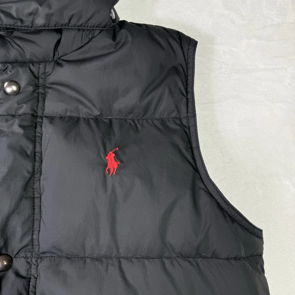 Chaqueta acolchada de plumón Polo Ralph Lauren vintage chaleco juvenil grande 16-18 negro con capucha Foto 3 de 4