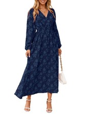 Simplee Womens Boho Floral Long Sleeve Maxi Dress Formal Large, Navy Blue