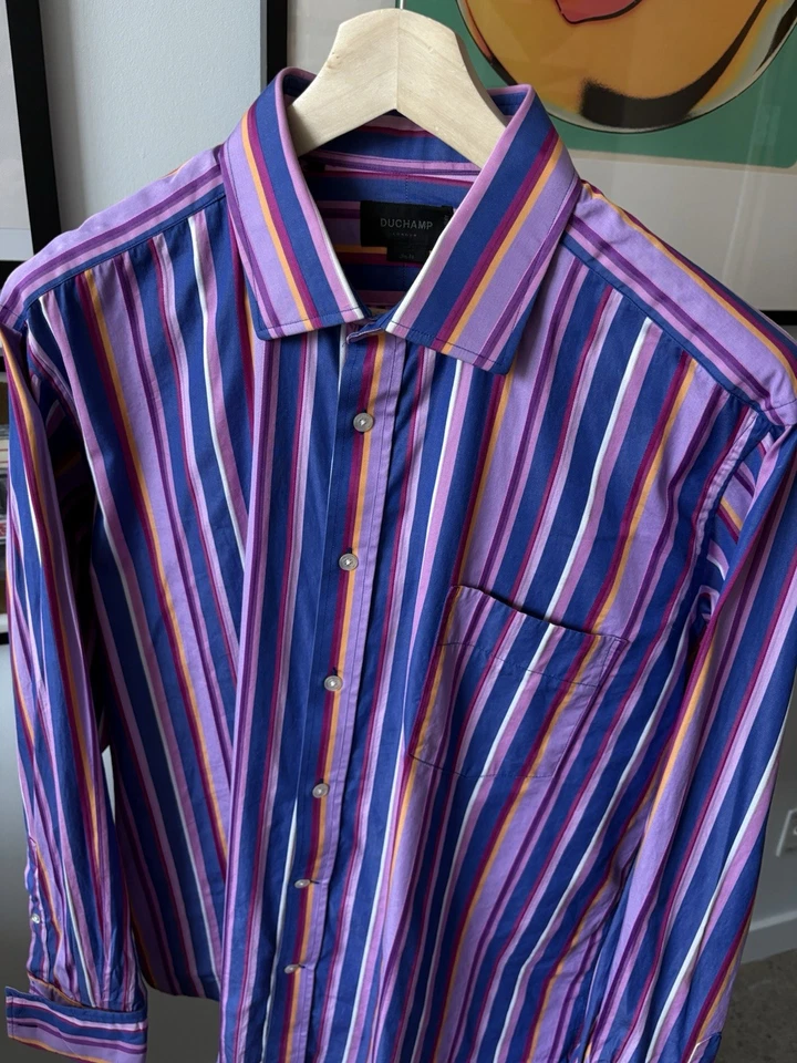 Duchamp London Y2K Dress Shirt Multi Stripe Made in Italy French Cuff Size 18/45 - Image 2 of 4