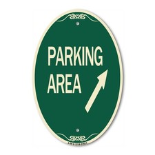 Parking Area Up Right Arrow Symbol 12" x 18" Green Tan Aluminum Oval Sign