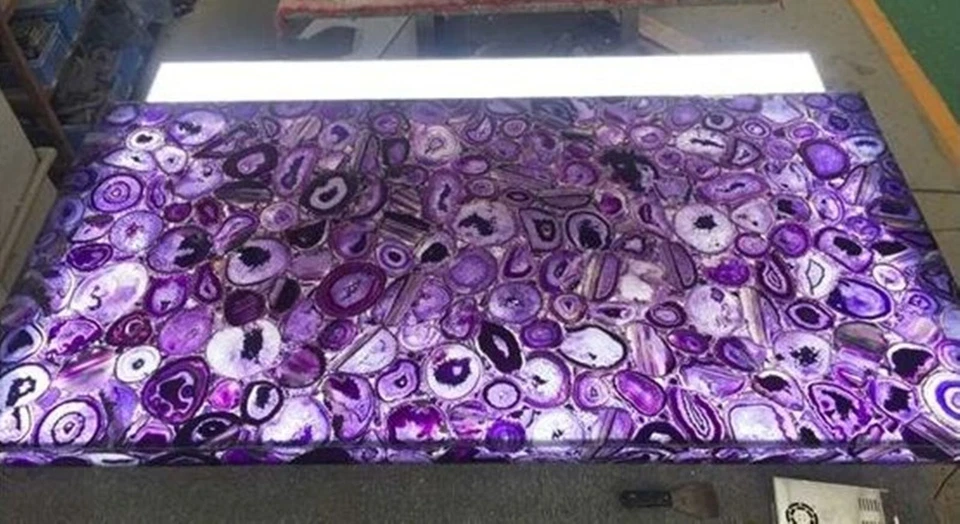 Square Shape Resin Coffee Table Top Purple Agate Stone Bedside Table for Hotel - Image 4 of 4