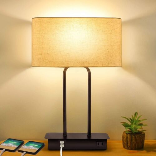 3-Way Dimmable Touch Lamp with USB Ports Fabric Shade and Metal Base Home Decor